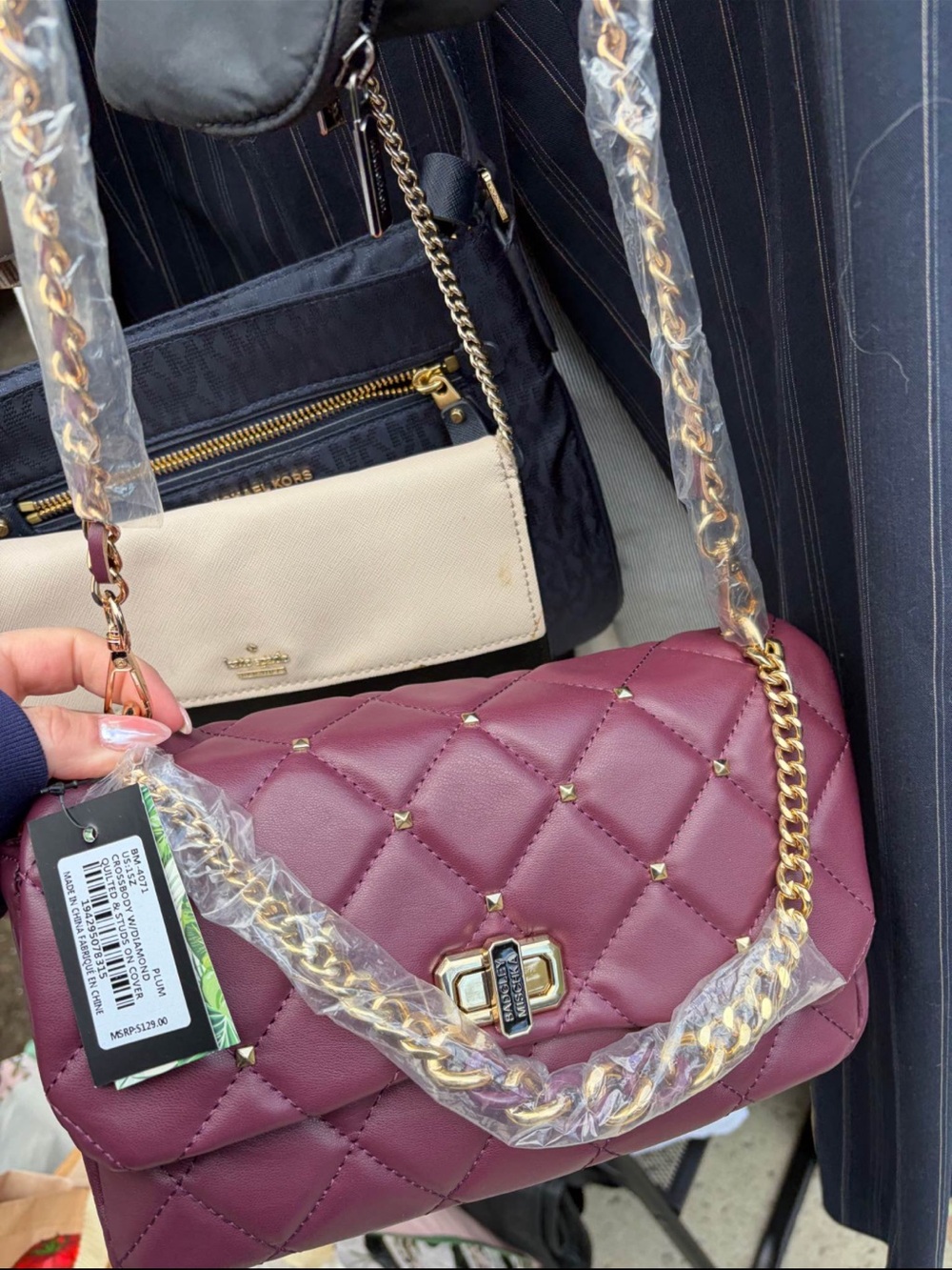 Badgley mischka Quilted Stud-Accent Shoulder Bag in Burgundy